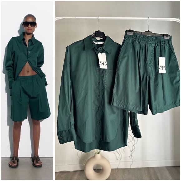 ZARA POPLIN BOTTLE GREEN SET CO-ORD NEW - Picture 1 of 4